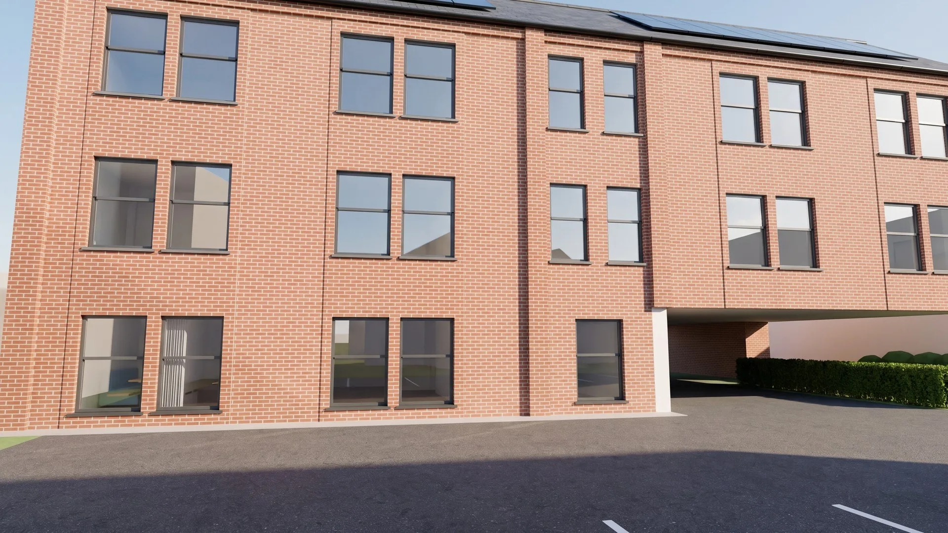 Final CGI, rear car park and south elevation, residential case study
