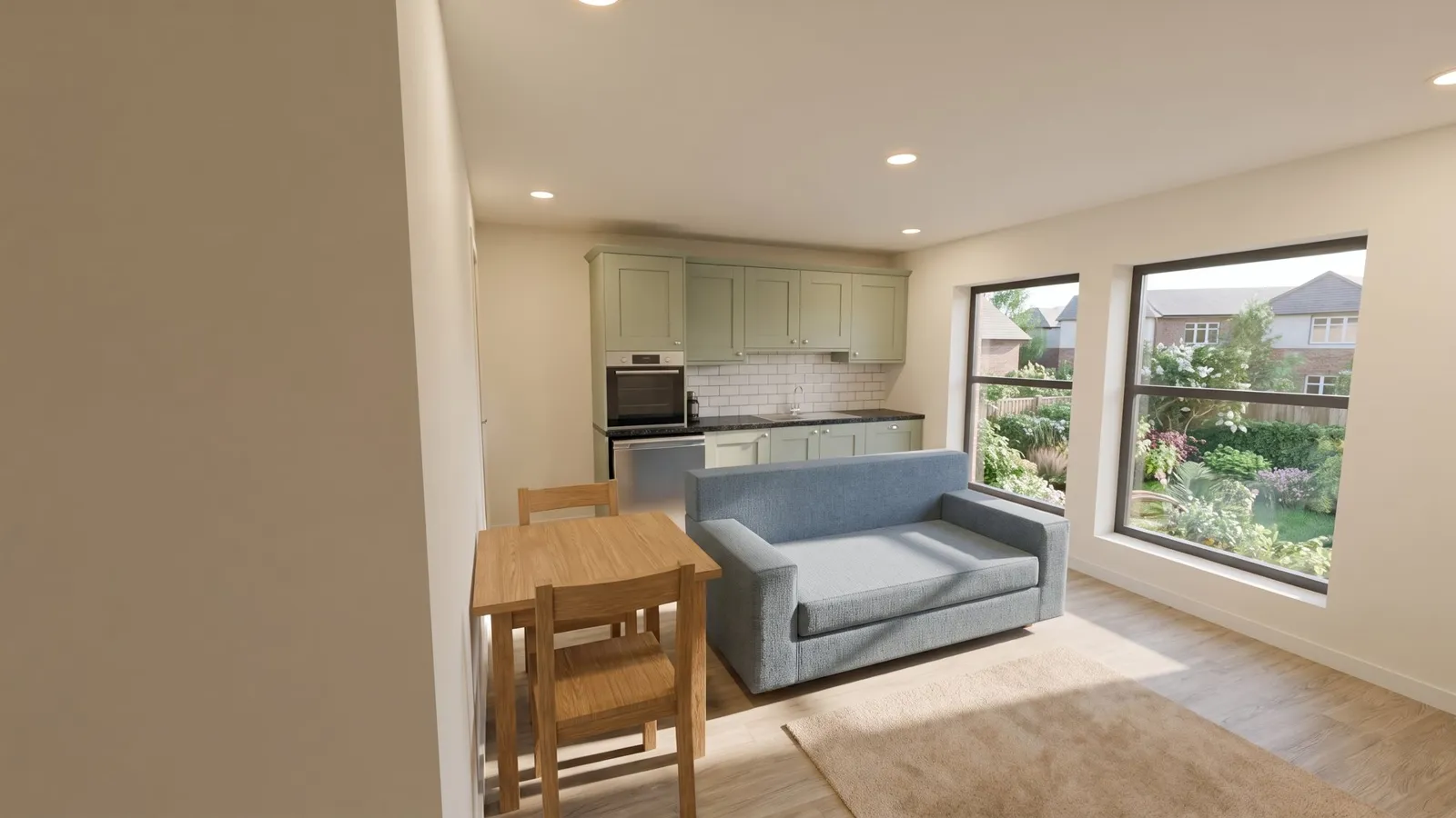 Final CGI, apartment living / kitchen, residential case study