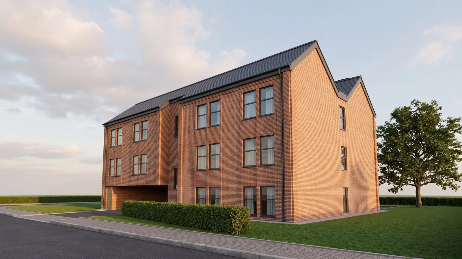 Final north-west street-view CGI of a 14-apartment residential scheme