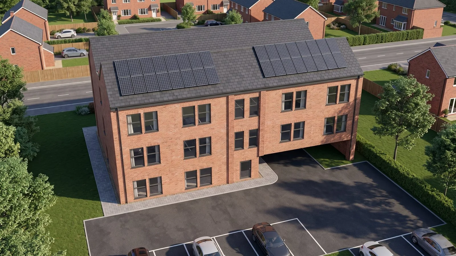 Final aerial CGI over the car park of a 14-apartment residential scheme