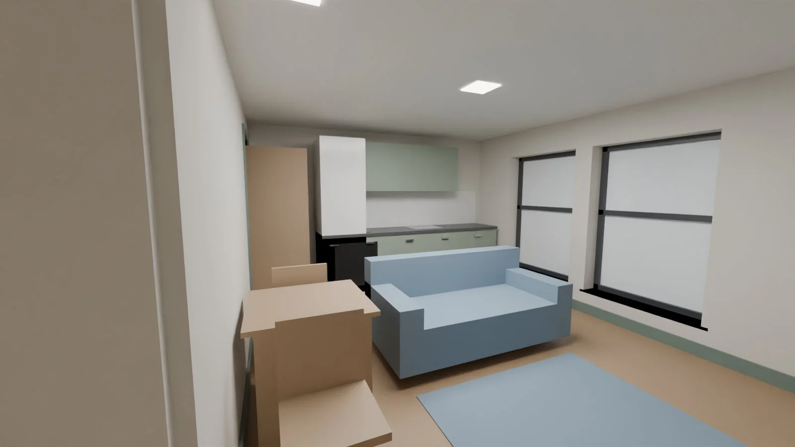 Living and kitchen view for a 14-apartment residential scheme — 3D model