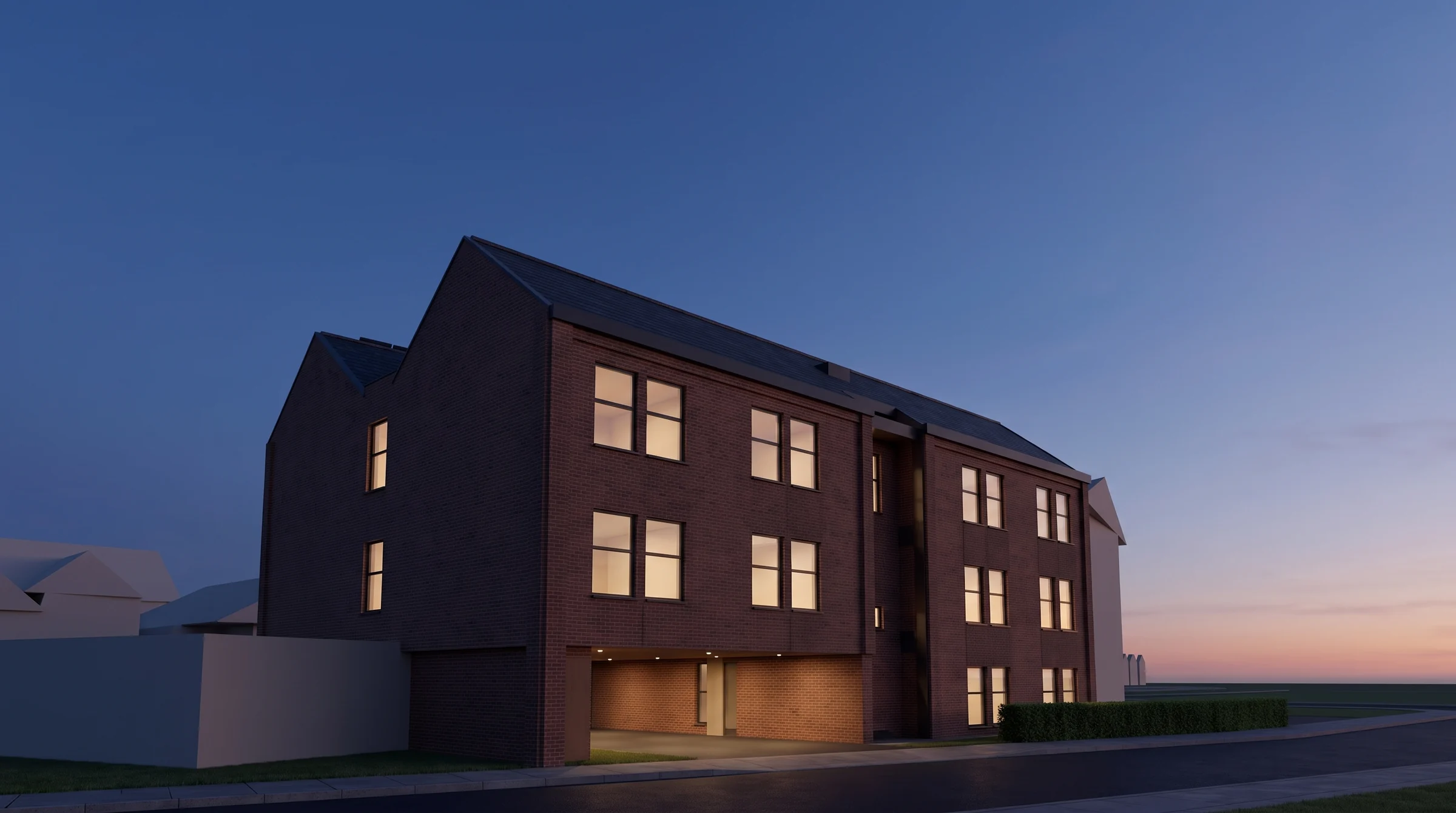 North-east exterior, day and dusk, Dusk