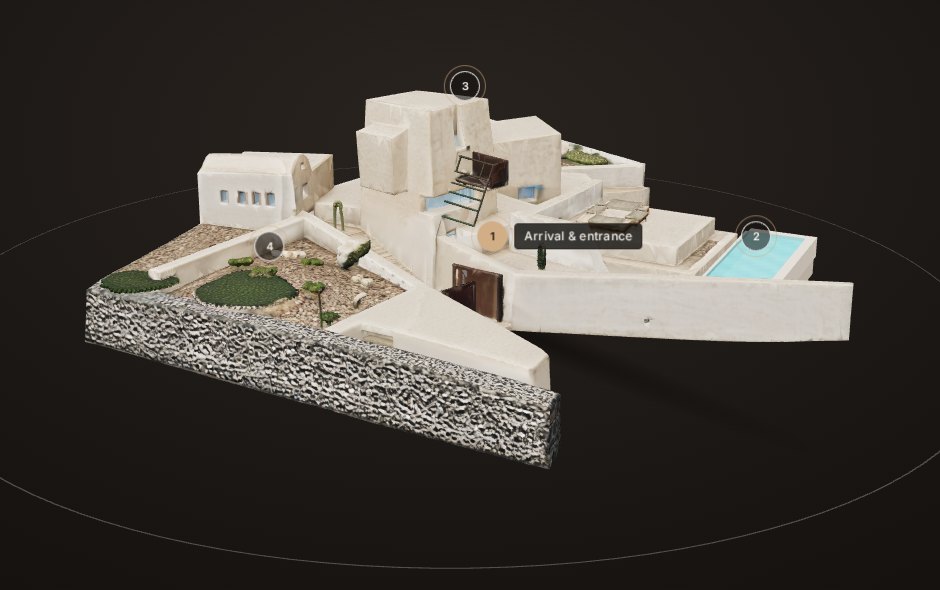 Interactive 3D model of a villa estate with numbered areas